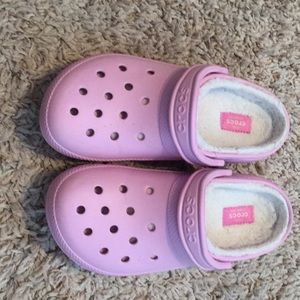 Pink fuzzy crocs